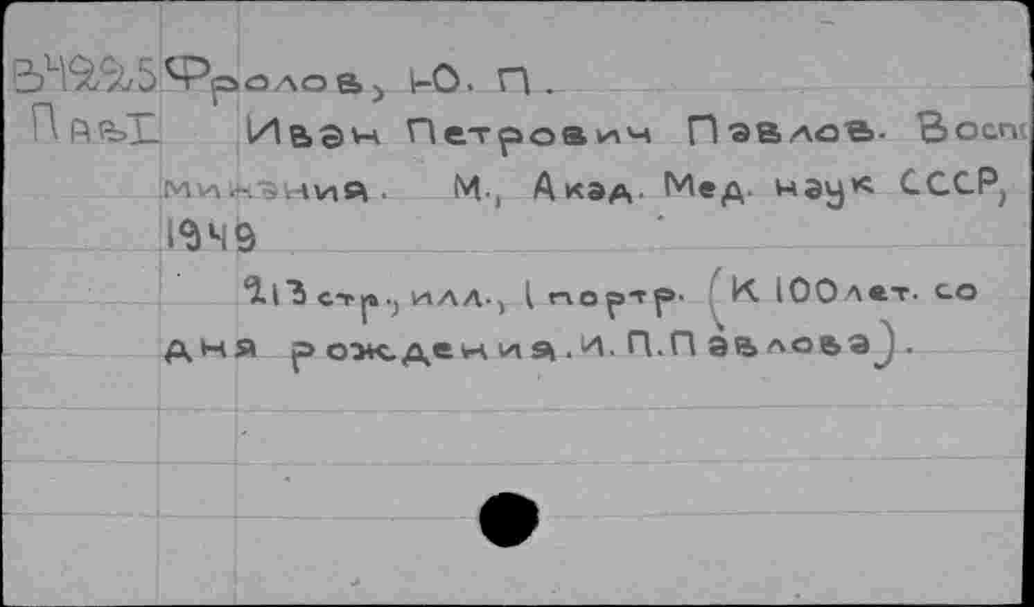 ﻿Фролов) 1-0. п .
П 1ЦНэ1_ Ивэн Петрович Павлов- Вослт. миачиий. М-, Акад. Мед- нау* СССР} 1949
‘ЗлЪ стр.^ ИАЛ-) ( гчортр. К 100л*т. со дня р ох.дечл и9^.^. П.П эвло&э^).